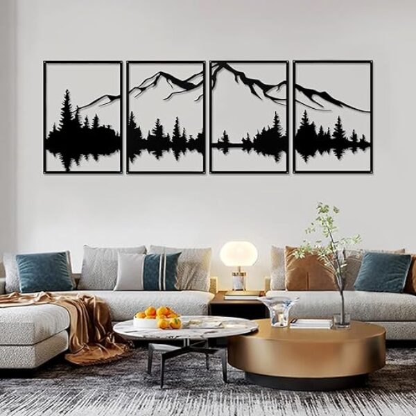 Minimalistisches Wandkunst-Set aus Metall: Berge und Wald (112x40 cm)