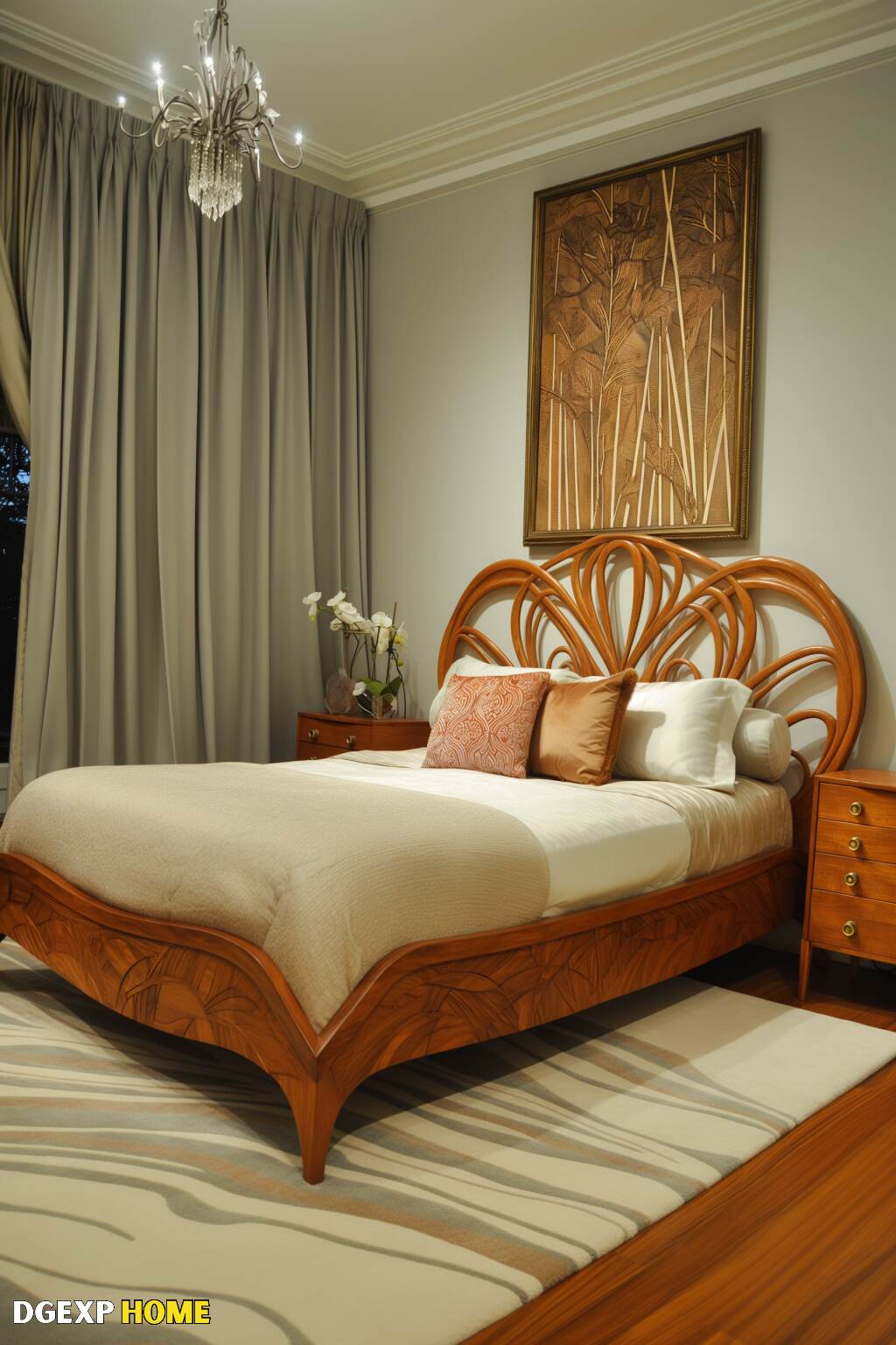 Modernes Jugendstil-Schlafzimmer mit geschnitztem Kopfteil aus Holz Modernes Jugendstil-Schlafzimmer mit geschnitztem Holzkopfteil und warmen Holztönen.
