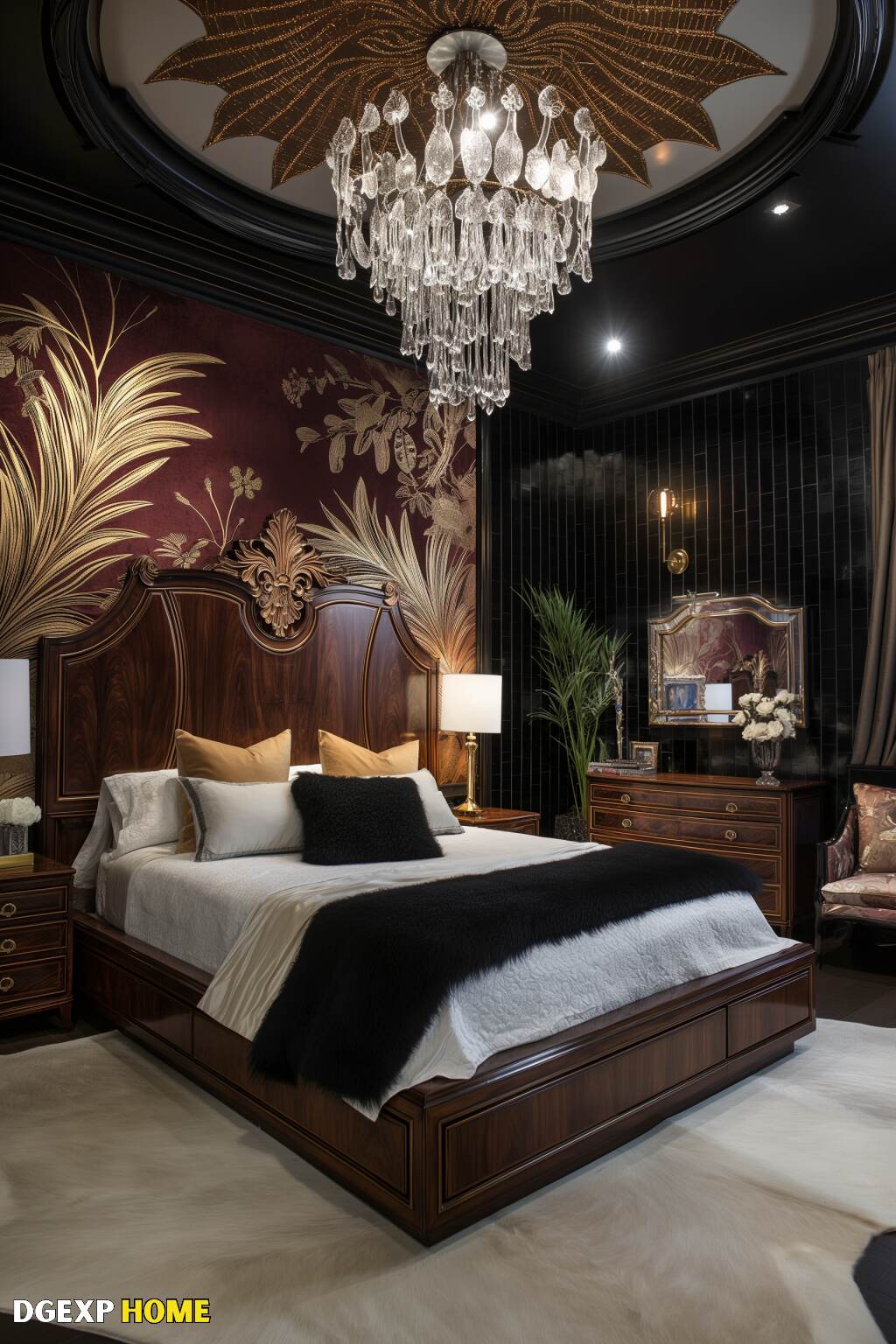 Modernes Jugendstil-Schlafzimmer mit Kristall-Kronleuchter und dunklem Dekor Modernes Jugendstil-Schlafzimmer mit einem Kristall-Kronleuchter und dunkler Dekoration.