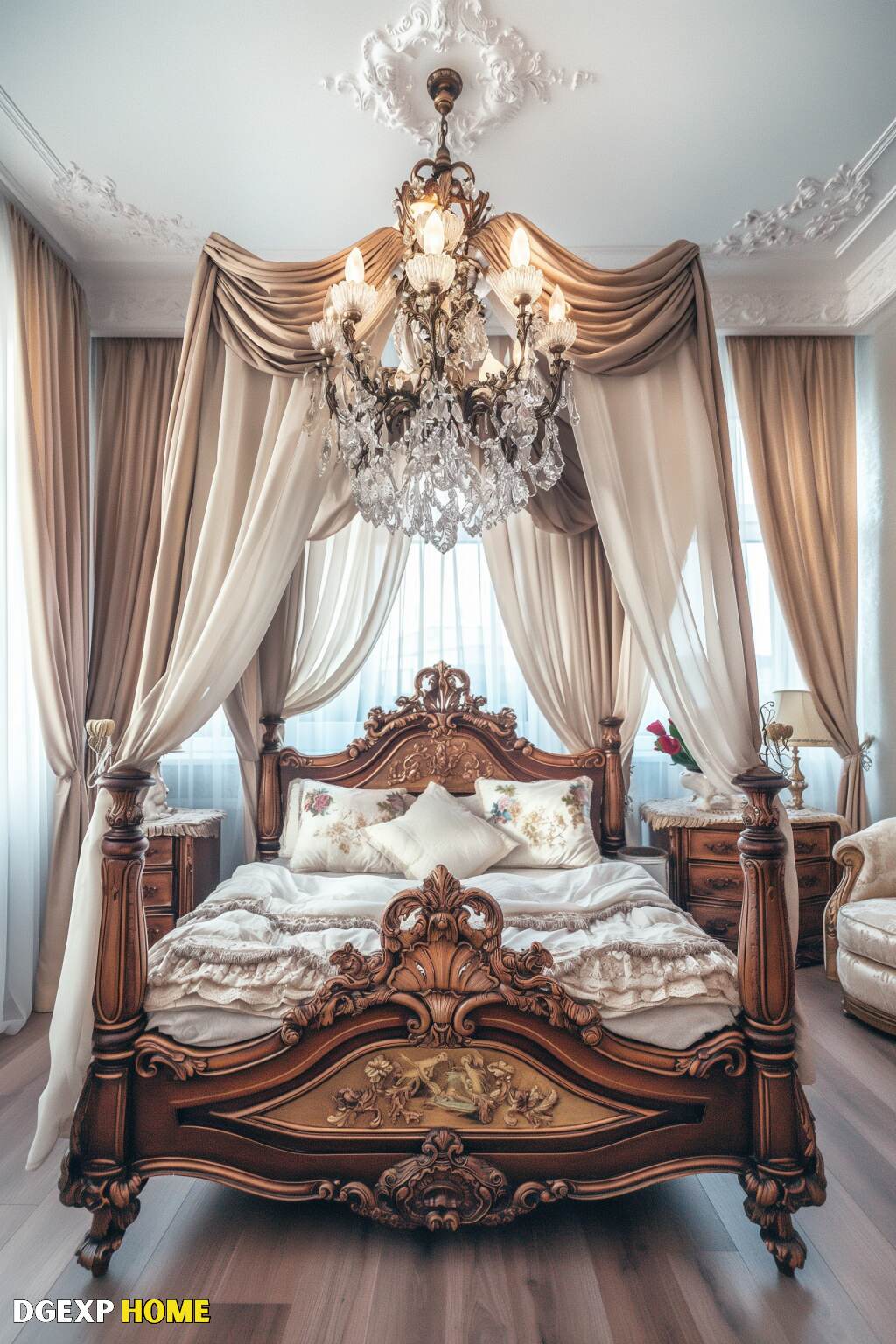 Modernes Jugendstil-Schlafzimmer mit elegantem Baldachin und luxuriösen Vorhängen Elegantes, modernes Jugendstil-Schlafzimmer mit verschnörkeltem Baldachin, luxuriösen Vorhängen und romantischem Dekor, mit einem großen Bettgestell und opulenter Beleuchtung.