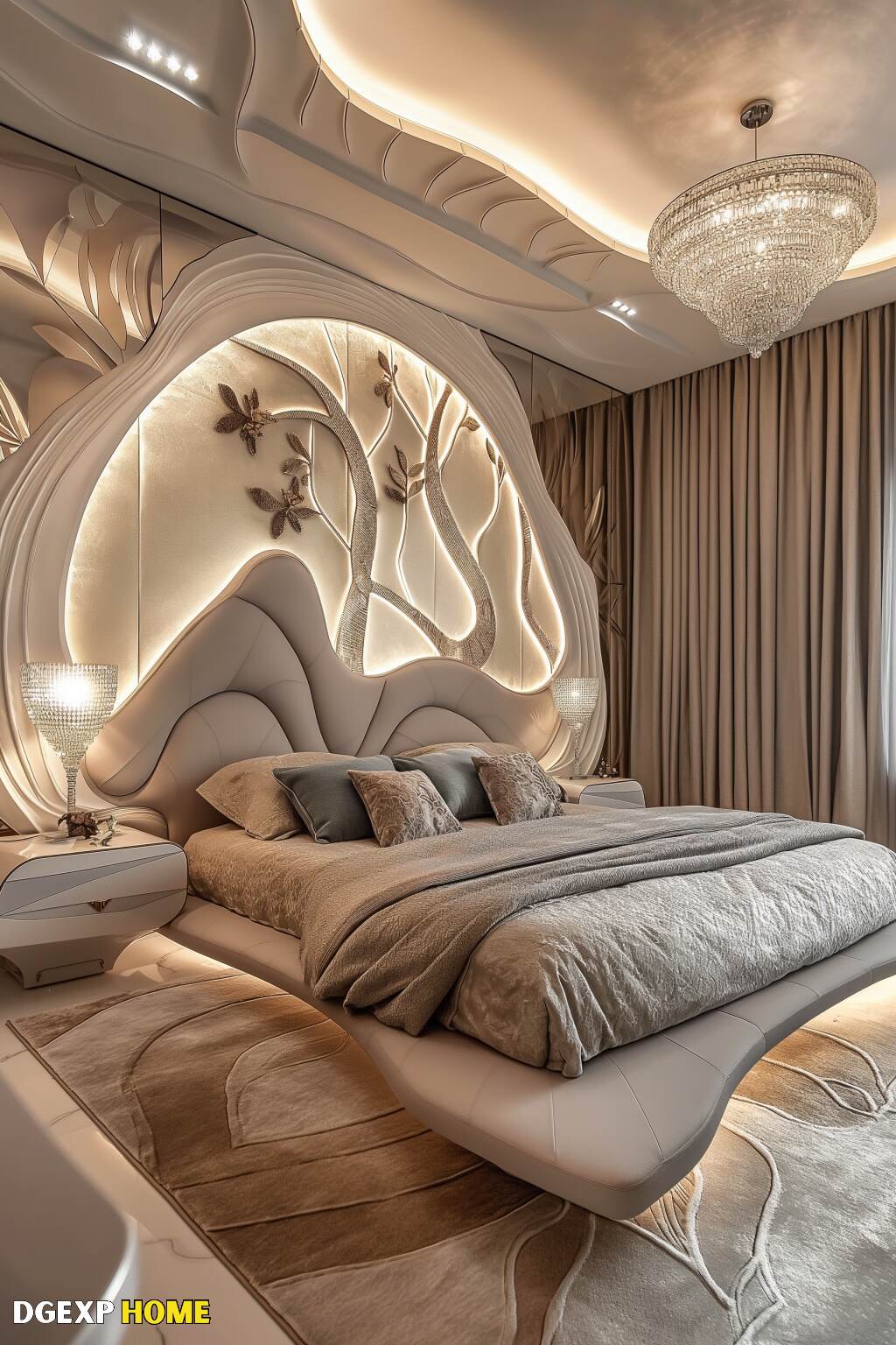 Modernes Jugendstil-Schlafzimmer mit eleganten Kurven und luxuriösen Texturen Modernes Jugendstil-Schlafzimmer mit eleganten Kurven, luxuriösen Texturen und einem ruhigen Ambiente, mit einem skulpturalen Kopfteil und einem funkelnden Kronleuchter.