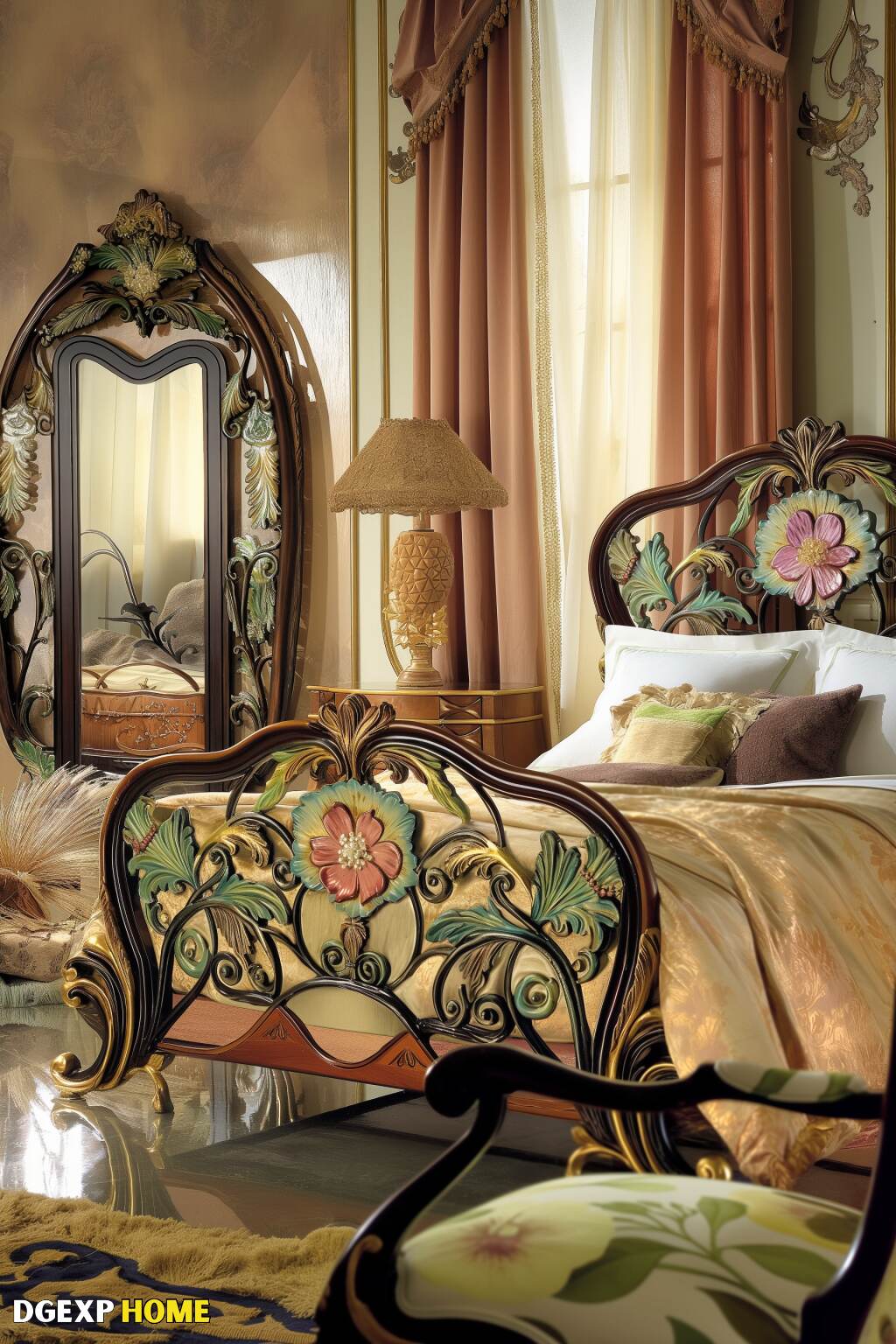 Modernes Jugendstil-Schlafzimmer mit komplizierten Blumenakzenten Elegantes, modernes Jugendstil-Schlafzimmer mit komplizierten floralen Akzenten und satten Erdtönen, mit einem floralen Kopfteil und einem verzierten Spiegel.