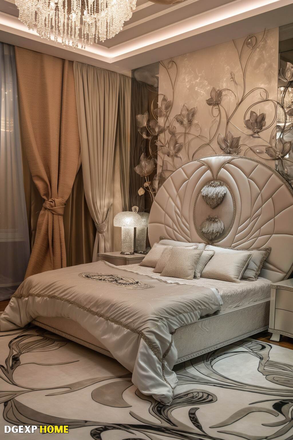 Modernes Jugendstil-Schlafzimmer mit floraler Eleganz und luxuriösen Vorhängen Elegantes modernes Jugendstil-Schlafzimmer mit floraler Eleganz, skulpturalem Kopfteil und luxuriösen Vorhängen.