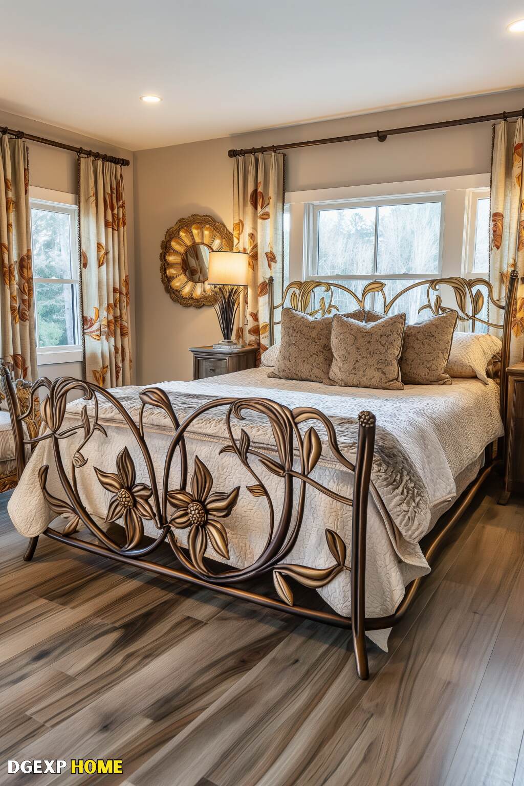 Modernes Jugendstil-Schlafzimmer mit floralen Metallarbeiten und warmen Tönen Gemütliches, modernes Jugendstil-Schlafzimmer mit floralen Metallarbeiten, warmen Erdtönen und einladender Dekoration mit einem dekorativen Metallbettgestell.