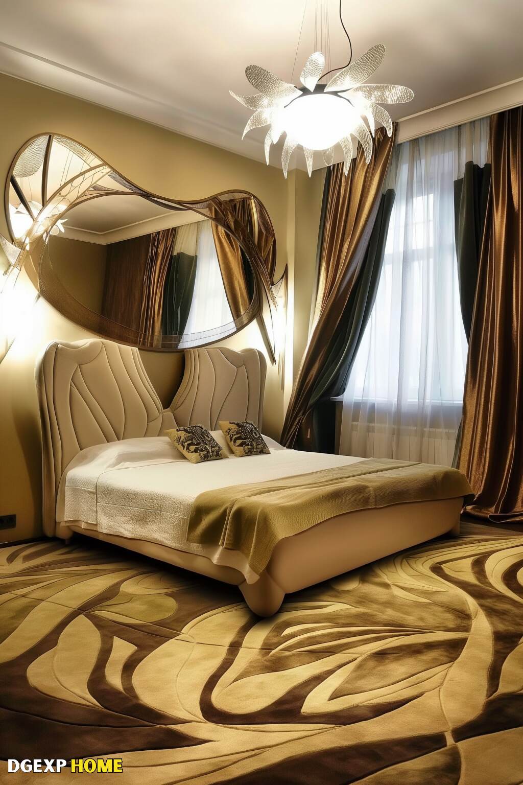 Modernes Jugendstil-Schlafzimmer mit blattförmigem Kronleuchter und geschwungenen Möbeln Modernes Jugendstil-Schlafzimmer mit einem blattförmigen Kronleuchter und geschwungenen Möbeln in Goldtönen.