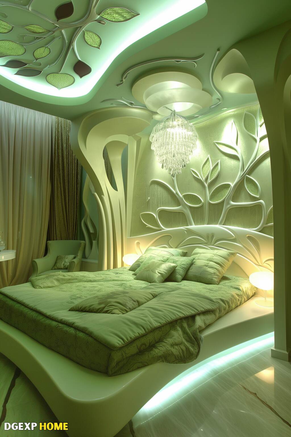 Modernes Jugendstil-Schlafzimmer mit blättriger Eleganz und sanften Grüntönen Gelassenes, modernes Jugendstil-Schlafzimmer mit grünem Wanddesign, sanften Grüntönen und einem skulpturalen Bettgestell.
