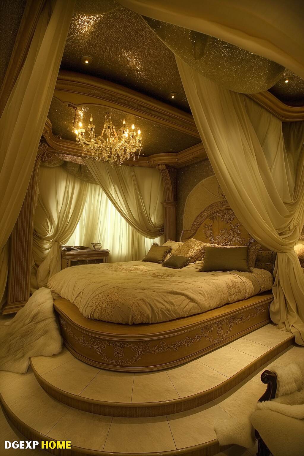 Modernes Jugendstil-Schlafzimmer mit luxuriösen Vorhängen und goldenen Tönen Luxuriöses, modernes Jugendstil-Schlafzimmer mit üppigen Vorhängen, goldenen Tönen und einem verzierten Kronleuchter.