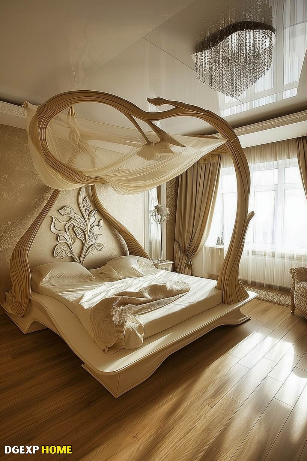 Modernes Jugendstil-Schlafzimmer mit organischem Design Modernes Jugendstil-Schlafzimmer mit organischem Design, skulpturalem Kopfteil und weichen, fließenden Linien.
