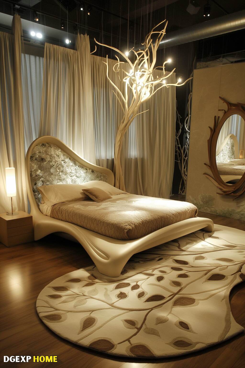 Modernes Jugendstil-Schlafzimmer mit organischen Formen und neutralen Tönen Modernes Jugendstil-Schlafzimmer mit organischen Formen, neutralen Tönen und stilvollem Dekor, mit einem skulpturalen Bettgestell und von der Natur inspirierter Beleuchtung.