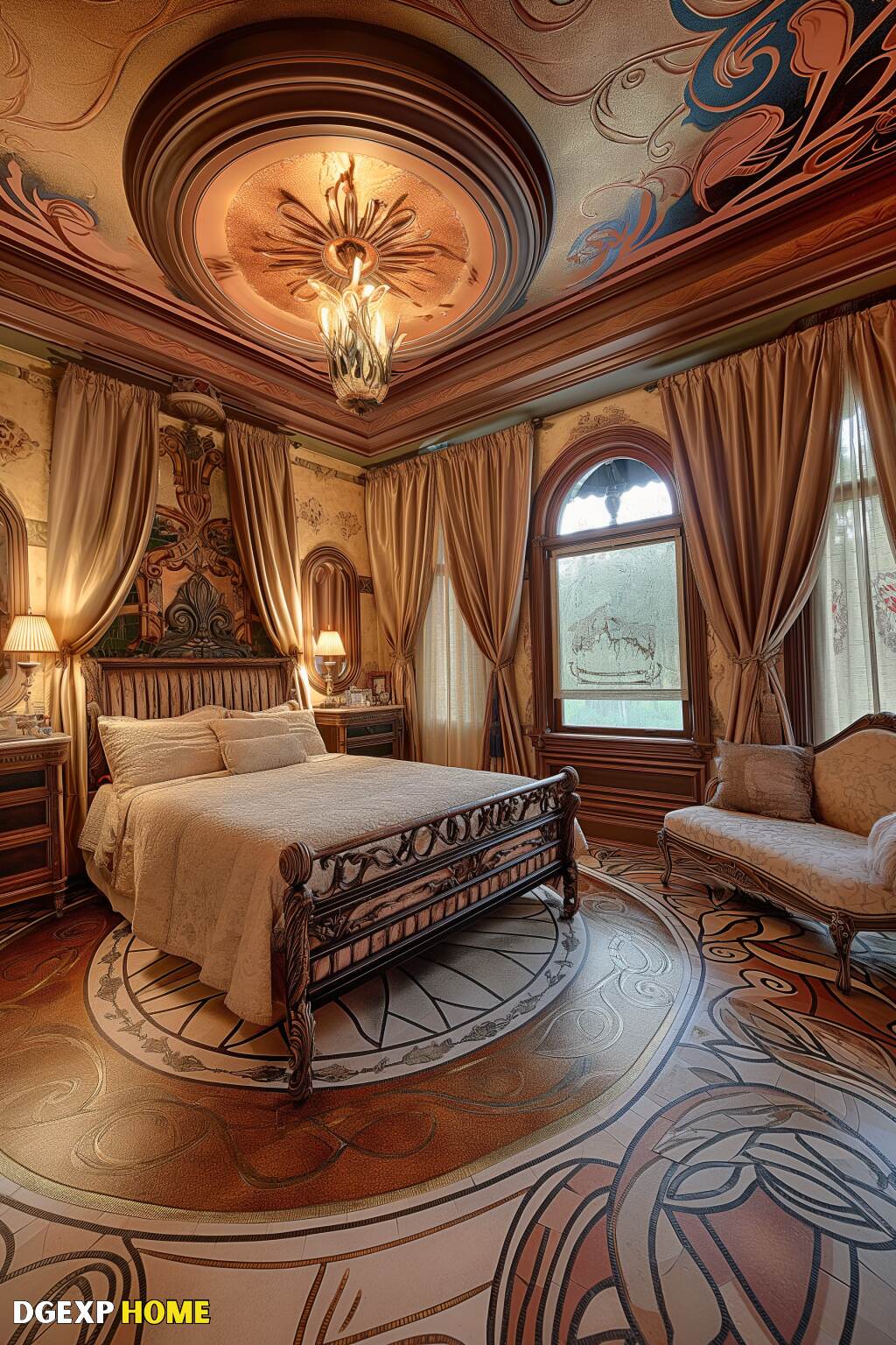 Modernes Jugendstil-Schlafzimmer mit verschnörkelter Decke und reichen Texturen Luxuriöses, modernes Jugendstil-Schlafzimmer mit verschnörkelter Decke, reichhaltigen Texturen und opulenter Dekoration sowie einem großen Bettgestell.