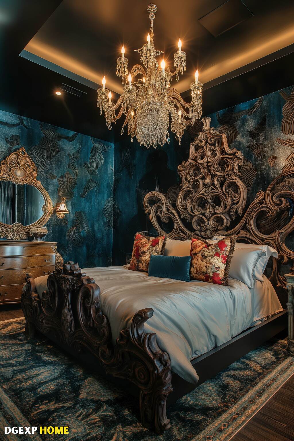 Modernes Jugendstil-Schlafzimmer mit verschnörkeltem Kopfteil und dunklen Tönen Modernes Jugendstil-Schlafzimmer mit verschnörkeltem Kopfteil und dunklen Tönen.