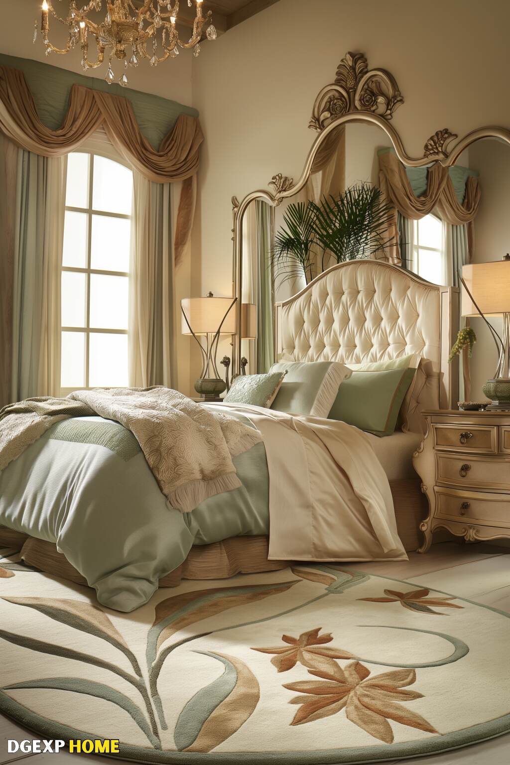 Modernes Jugendstil-Schlafzimmer mit plüschiger Eleganz und sanften Neutraltönen Plüschiges, modernes Jugendstil-Schlafzimmer mit getuftetem Kopfteil, weichen, neutralen Tönen und opulentem Kronleuchter.