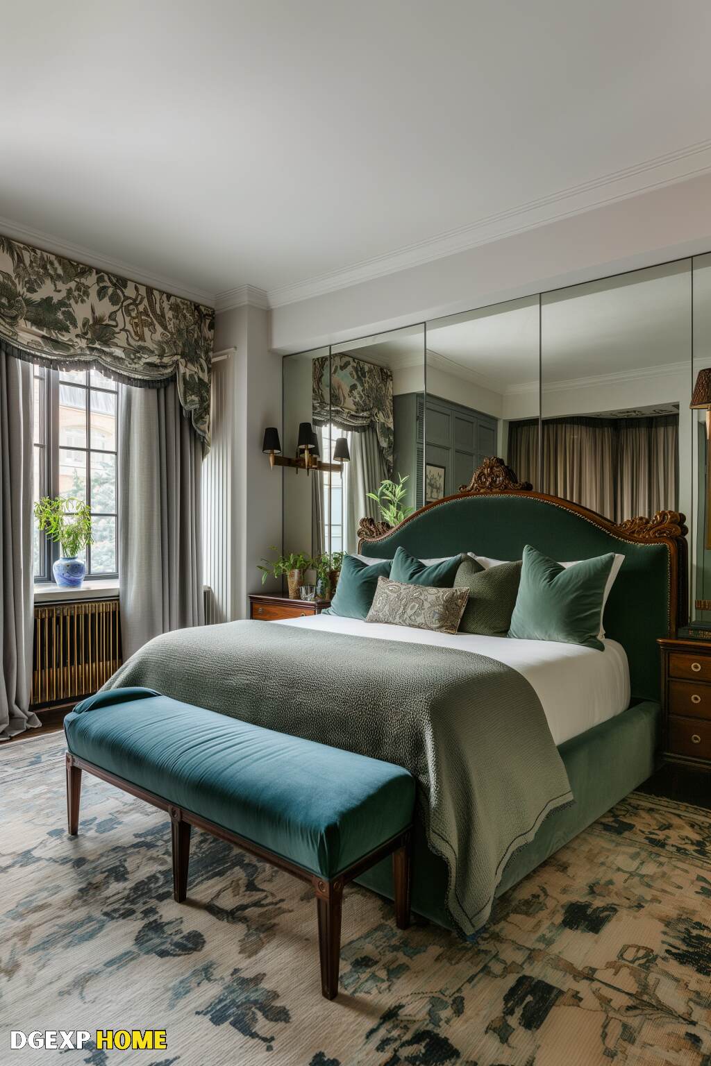 Modernes Jugendstil-Schlafzimmer mit raffiniertem Komfort und klassischen Elementen Raffiniertes modernes Jugendstil-Schlafzimmer mit grünem Polsterkopfteil, verspiegelten Wänden und stilvoller Bettwäsche.