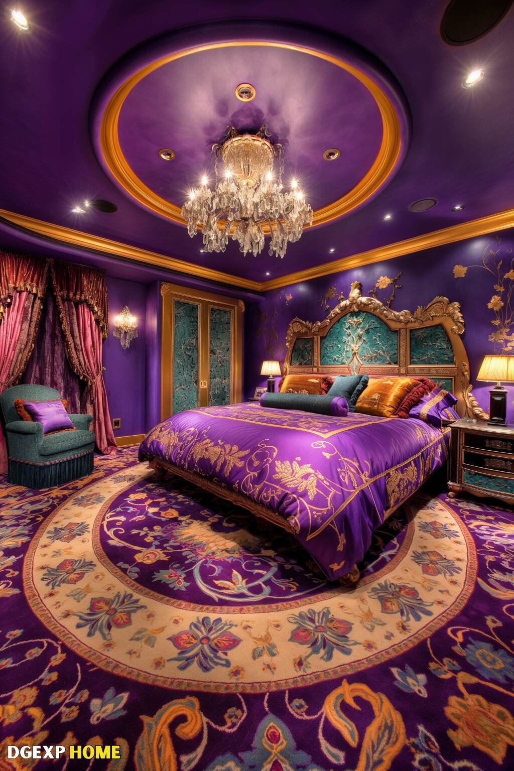 Modernes Jugendstil-Schlafzimmer mit königlichen lila und goldenen Akzenten Modernes Jugendstil-Schlafzimmer mit königlichen Lila-Tönen, goldenen Akzenten und luxuriöser Ausstattung, mit einem großen Kronleuchter und einem verzierten Bettgestell.