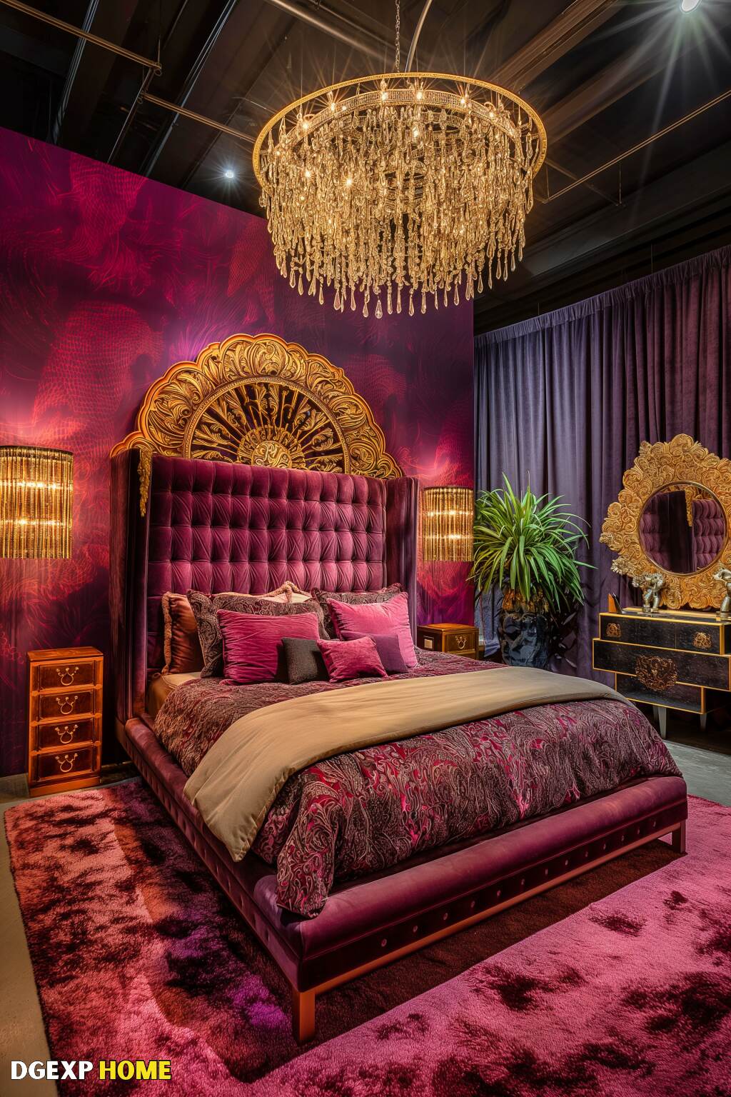 Modernes Jugendstil-Schlafzimmer mit reichen Texturen und opulentem Dekor Luxuriöses, modernes Jugendstil-Schlafzimmer mit reichhaltigen Texturen, opulentem Dekor und eleganter Einrichtung, mit einem großen Kronleuchter und Plüschbettwäsche.