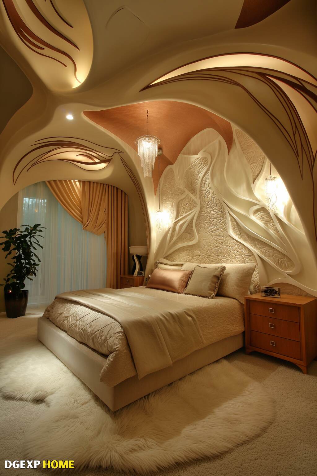 Modernes Jugendstil-Schlafzimmer mit gemeißelter Decke und warmer Beleuchtung Modernes Jugendstil-Schlafzimmer mit gemeißelter Decke und warmer Beleuchtung.