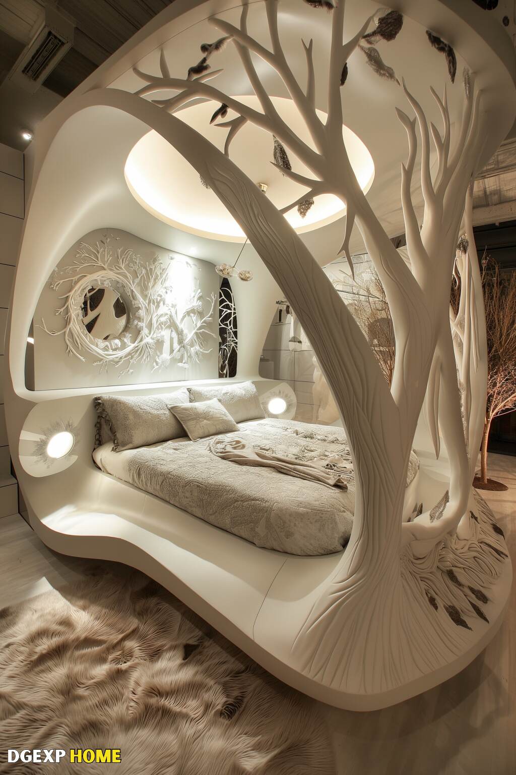 Modernes Jugendstil-Schlafzimmer mit bauminspiriertem Design und skurrilen Elementen Modernes Jugendstil-Schlafzimmer mit von Bäumen inspiriertem Design, skurrilen Elementen und von der Natur inspirierter Dekoration, mit einem skulpturalen Bettgestell.