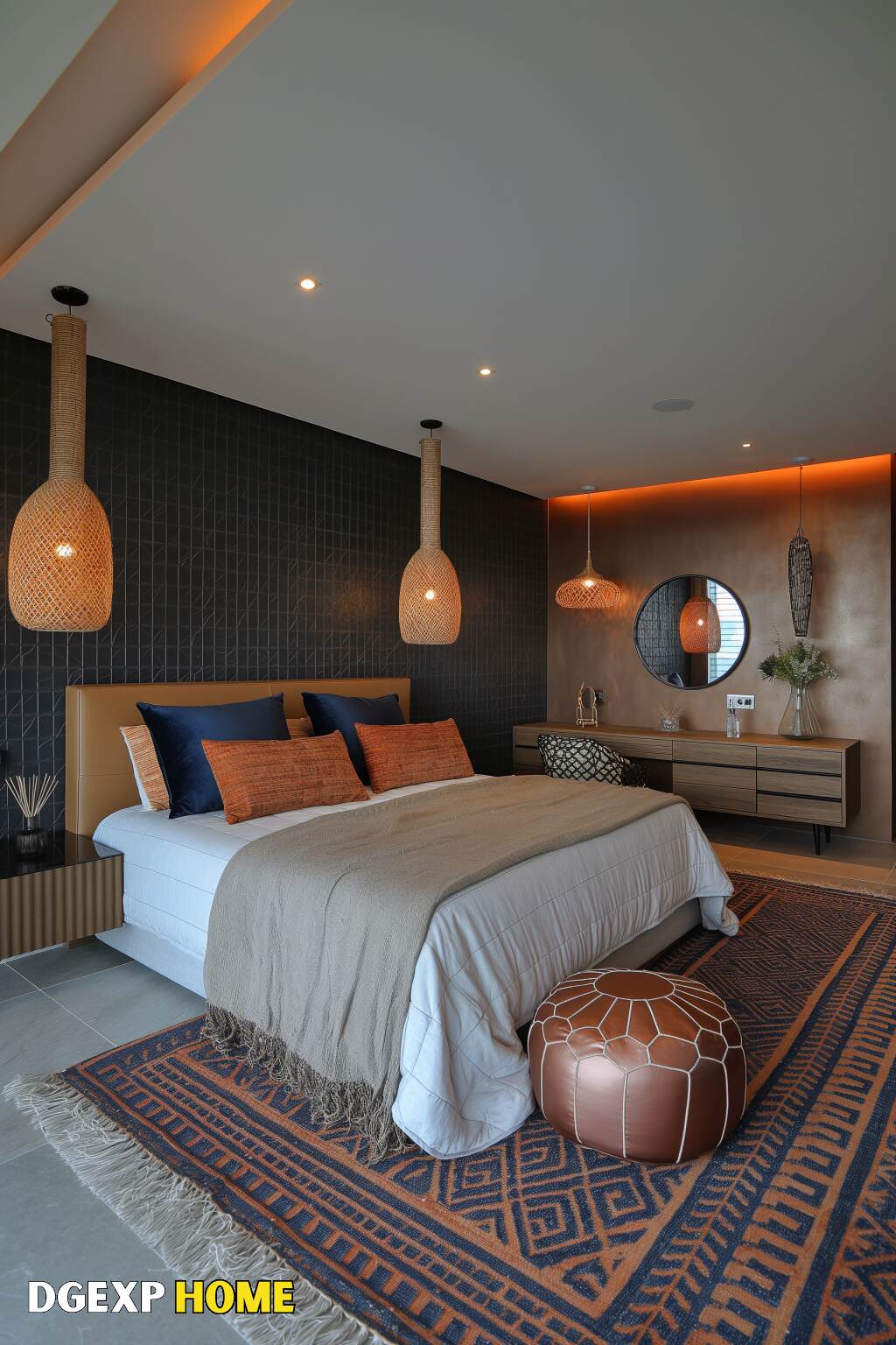 Modern Boho Bedroom With Earthy Tones, Woven Pendant Lights, And Cozy Textiles.