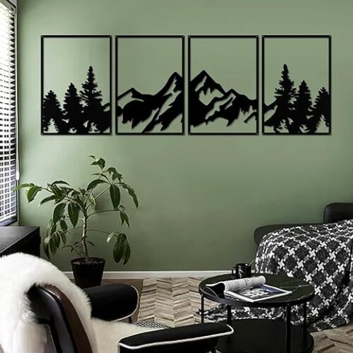 Mountain And Forest Metal Wall Art - Black, 4 Pieces