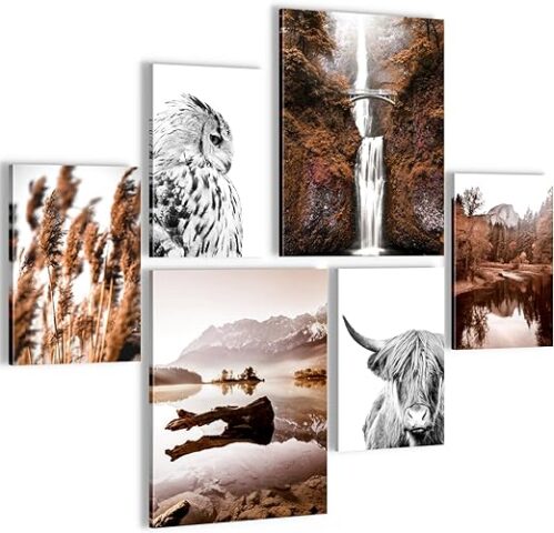 Nature Mountains Lake Picture Set - Vibrant Orange/Brown