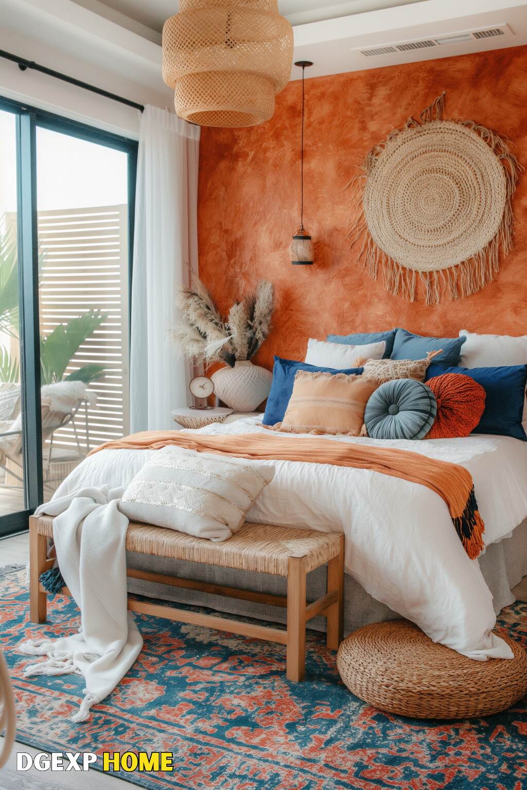 Rustic Boho Bedroom With Orange Accent Wall, Woven Decor, And Cozy Textiles.