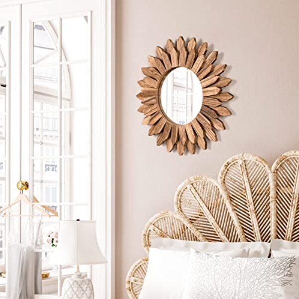 Rustic Brown Boho Wood Sunburst Wall Mirror