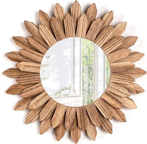 Rustic Brown Boho Wood Sunburst Wall Mirror