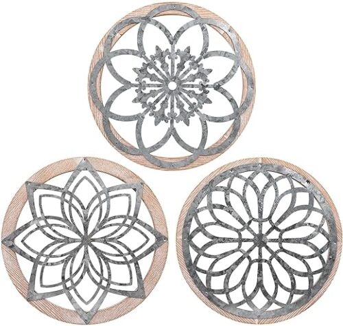 Rustic Round Metal-Wood Wall Art Set (3)