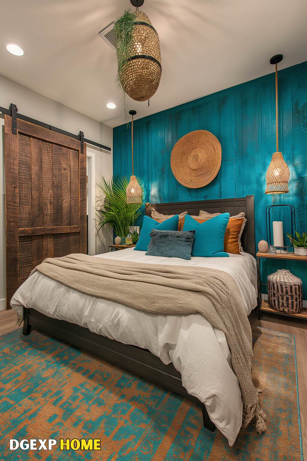 Boho Bedroom With Blue And Orange Accents, Wooden Decor, And Cozy Textiles