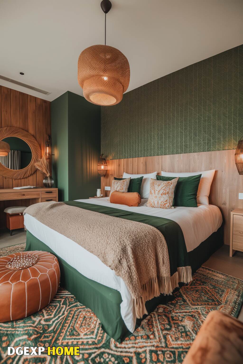 Boho Bedroom With Green Accent Wall, Natural Wood Decor, And Cozy Textiles