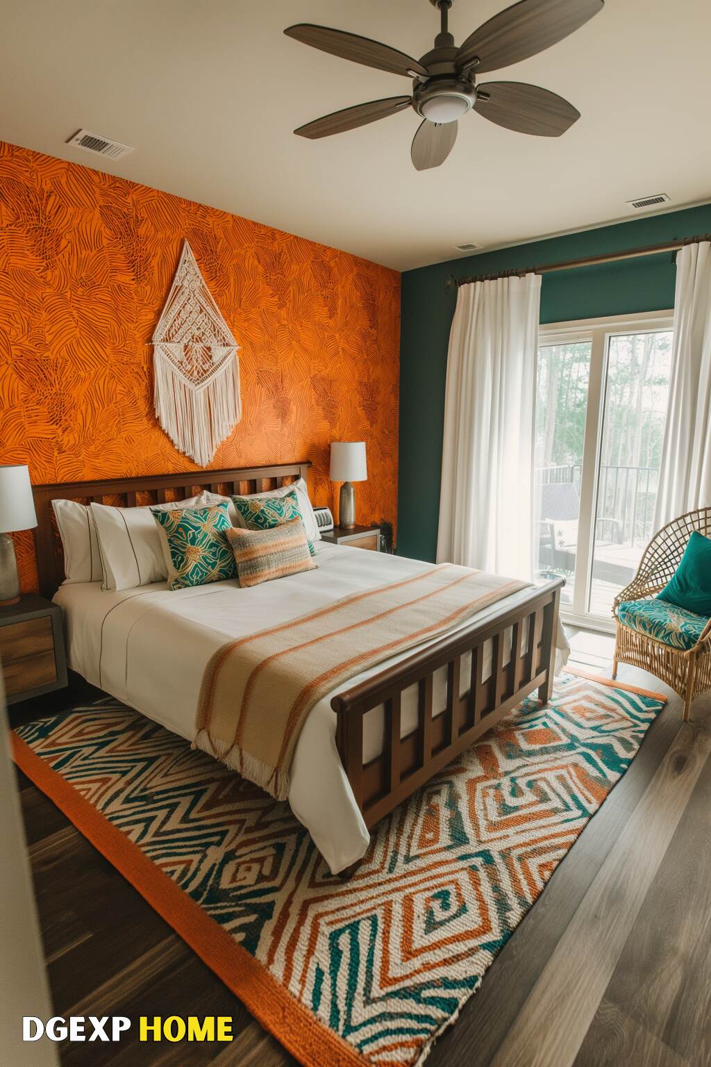 Vibrant Boho Bedroom With Bold Orange Walls, Macrame Decor, And Cozy Textiles