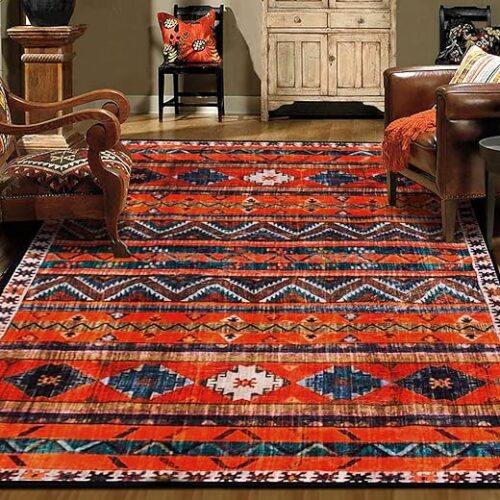 Vintage Geometric Washable Rug, 200X300Cm, Deep Orange/Yellow