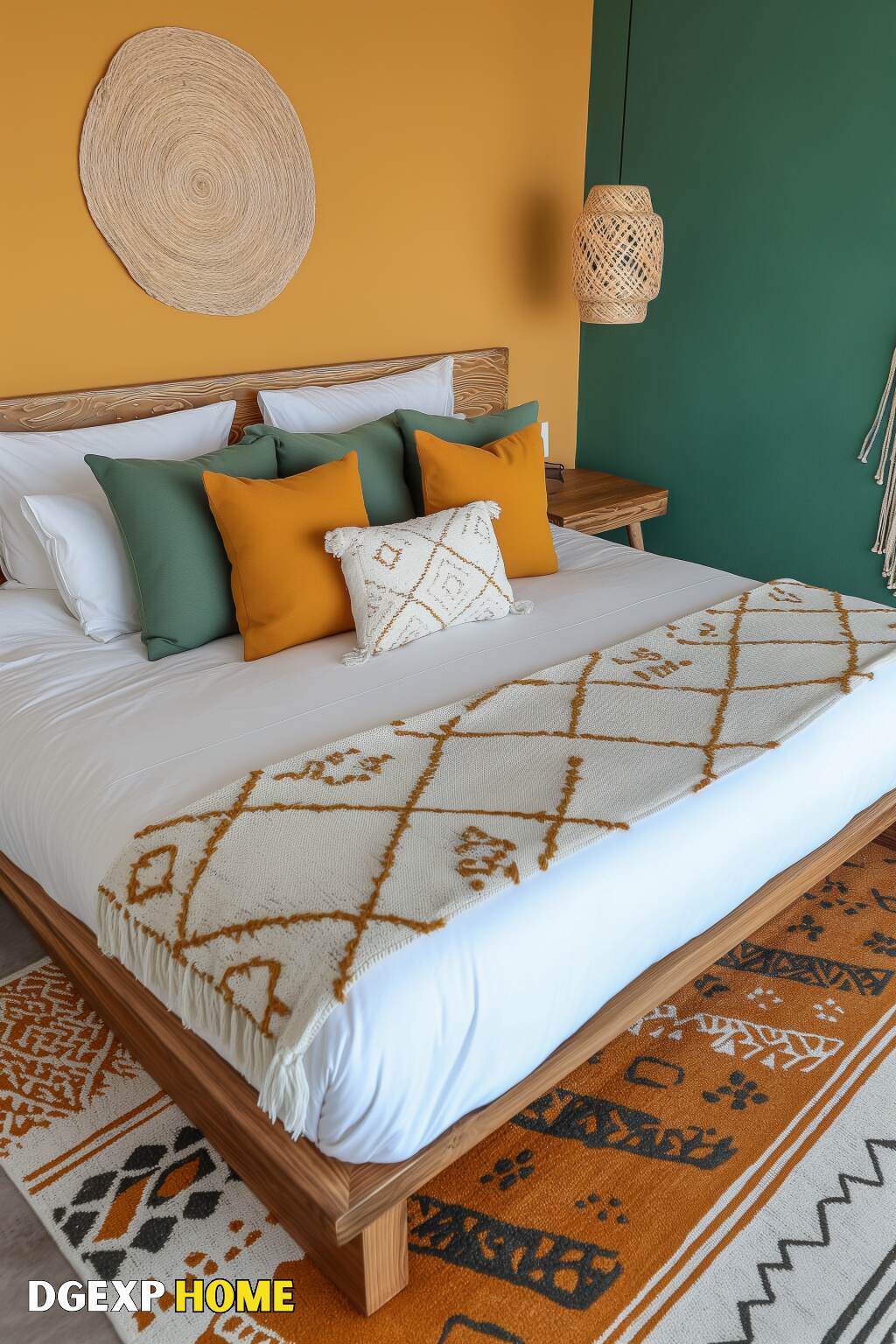 Warm Boho Bedroom With Mustard Yellow And Green Accents, Cozy Textiles, And Natural Decor.