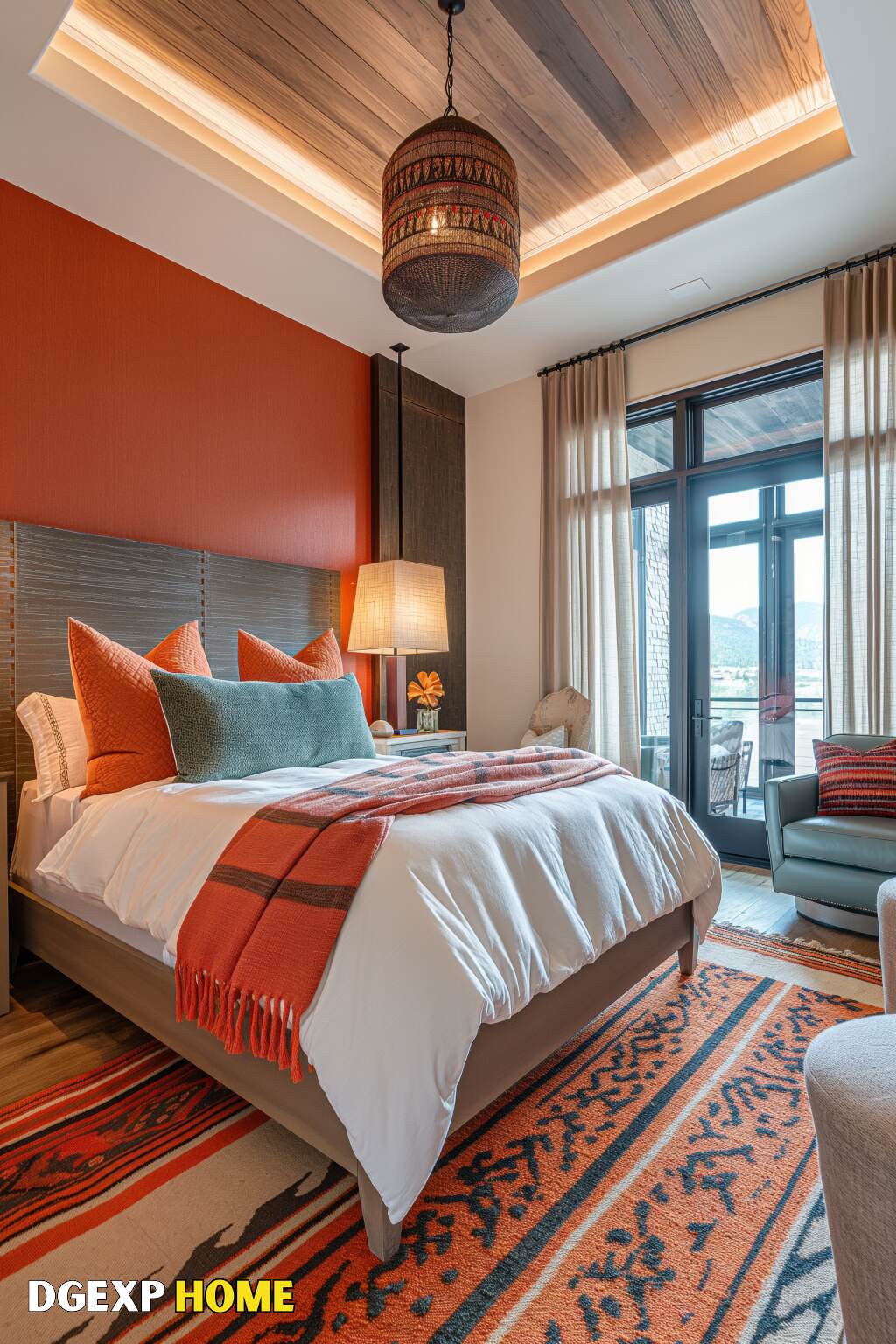 Warm Boho Bedroom With Orange Accents, Wooden Ceiling, And Cozy Textiles.