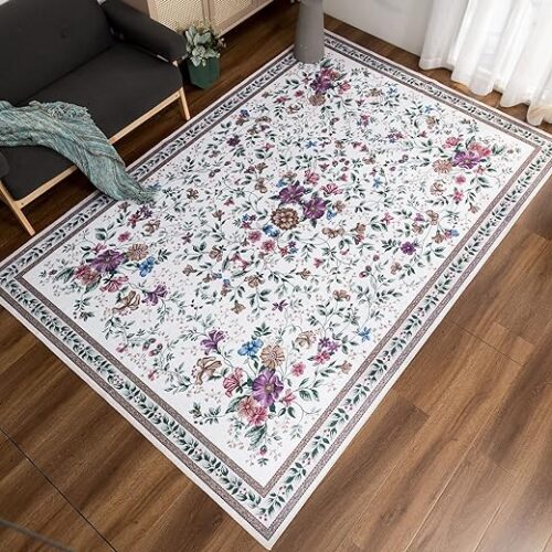 Washable Non-Slip Floral Rug, 190X280 Cm - Beige