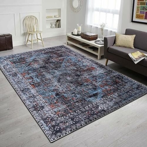 Washable Non-Slip Floral Rug, Navy, 190X280 Cm