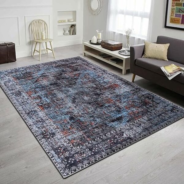 Waschbarer, rutschfester Floral-Teppich, Marineblau, 190x280 cm