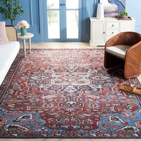 Washable Red/Blue Oriental Rug, 8x12 ft